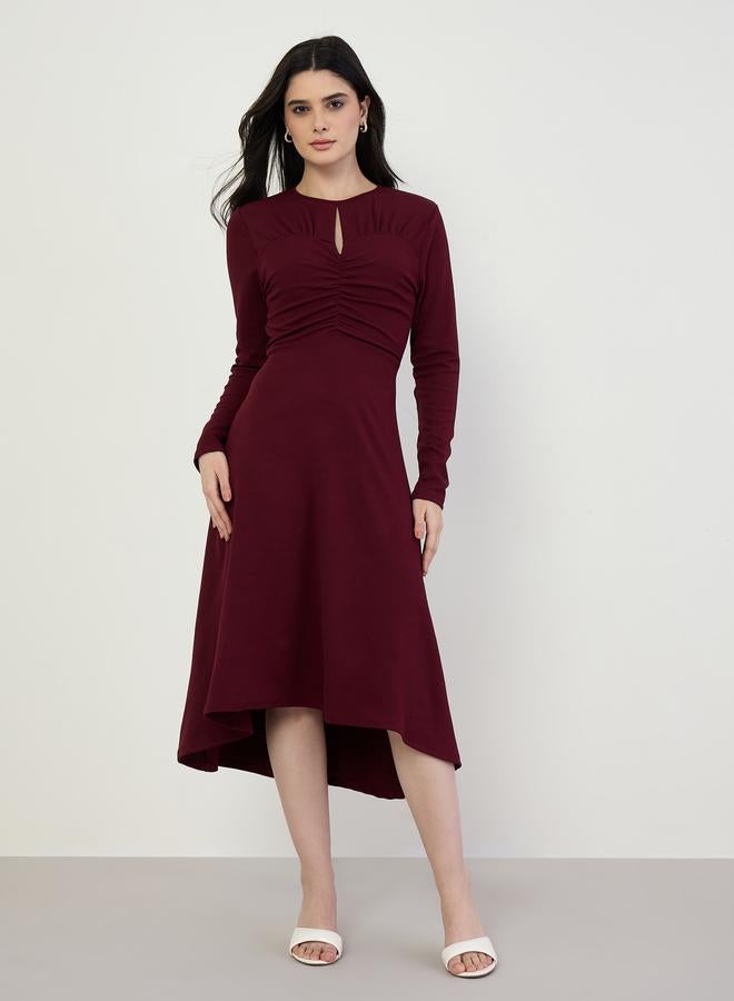 Styli Women Burgundy Long Sleeves A-Line Midi Dress - Image 3